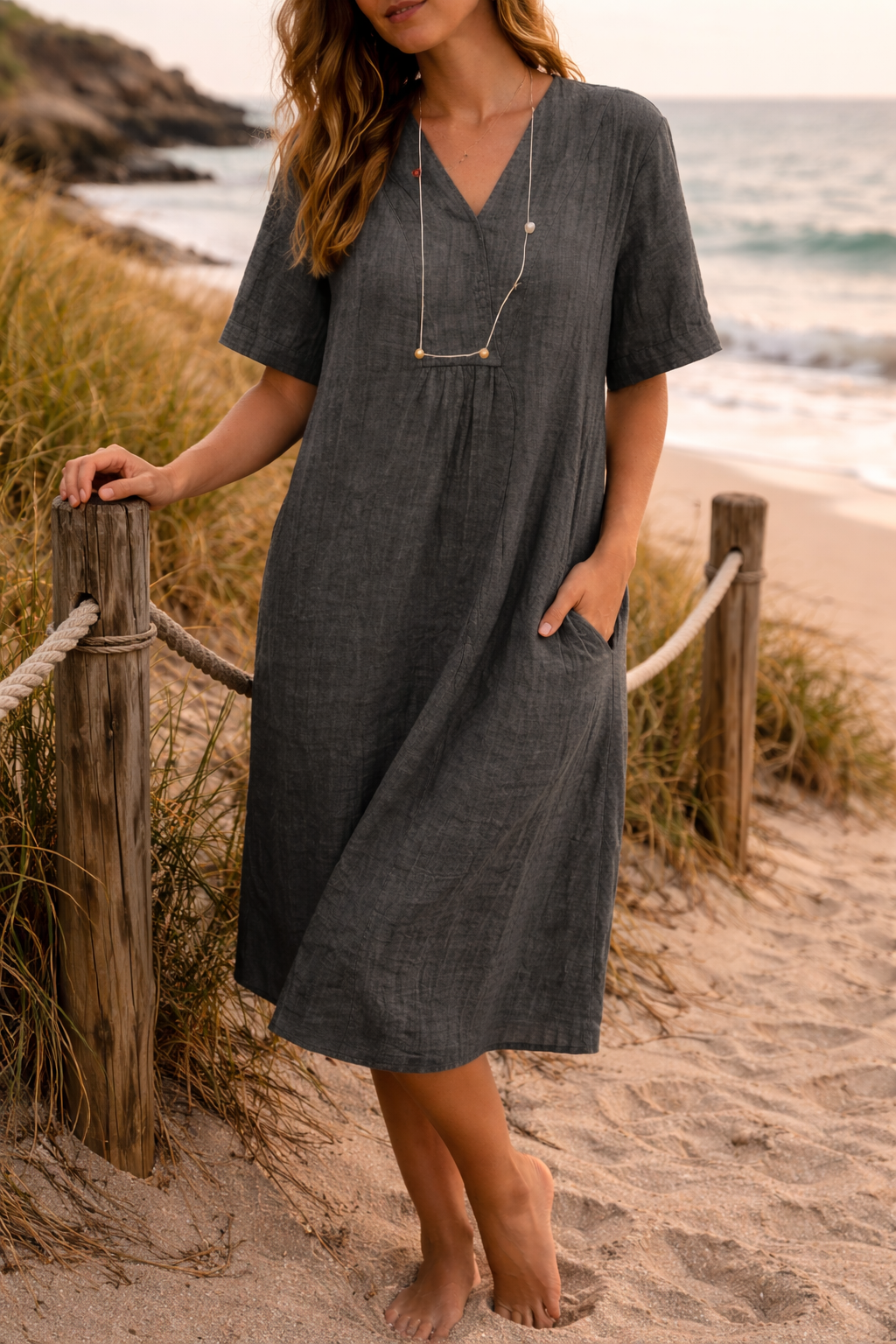 Women's Linen V-Neck Short Sleeve Loose Fit Midi Dress