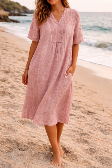 Women's Linen V-Neck Short Sleeve Loose Fit Midi Dress