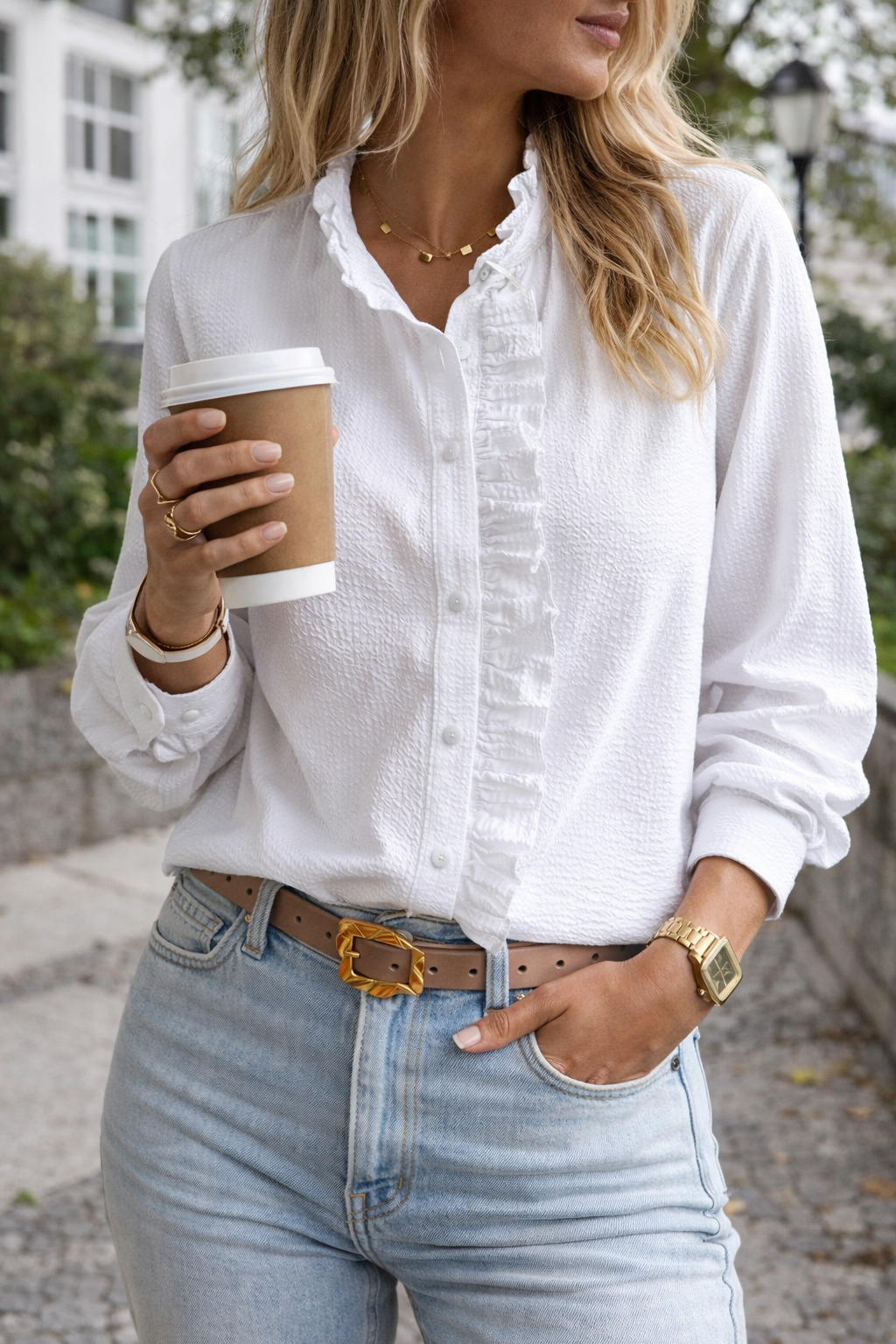 Women's Ruffle Detail Button Front Long Sleeve Blouse