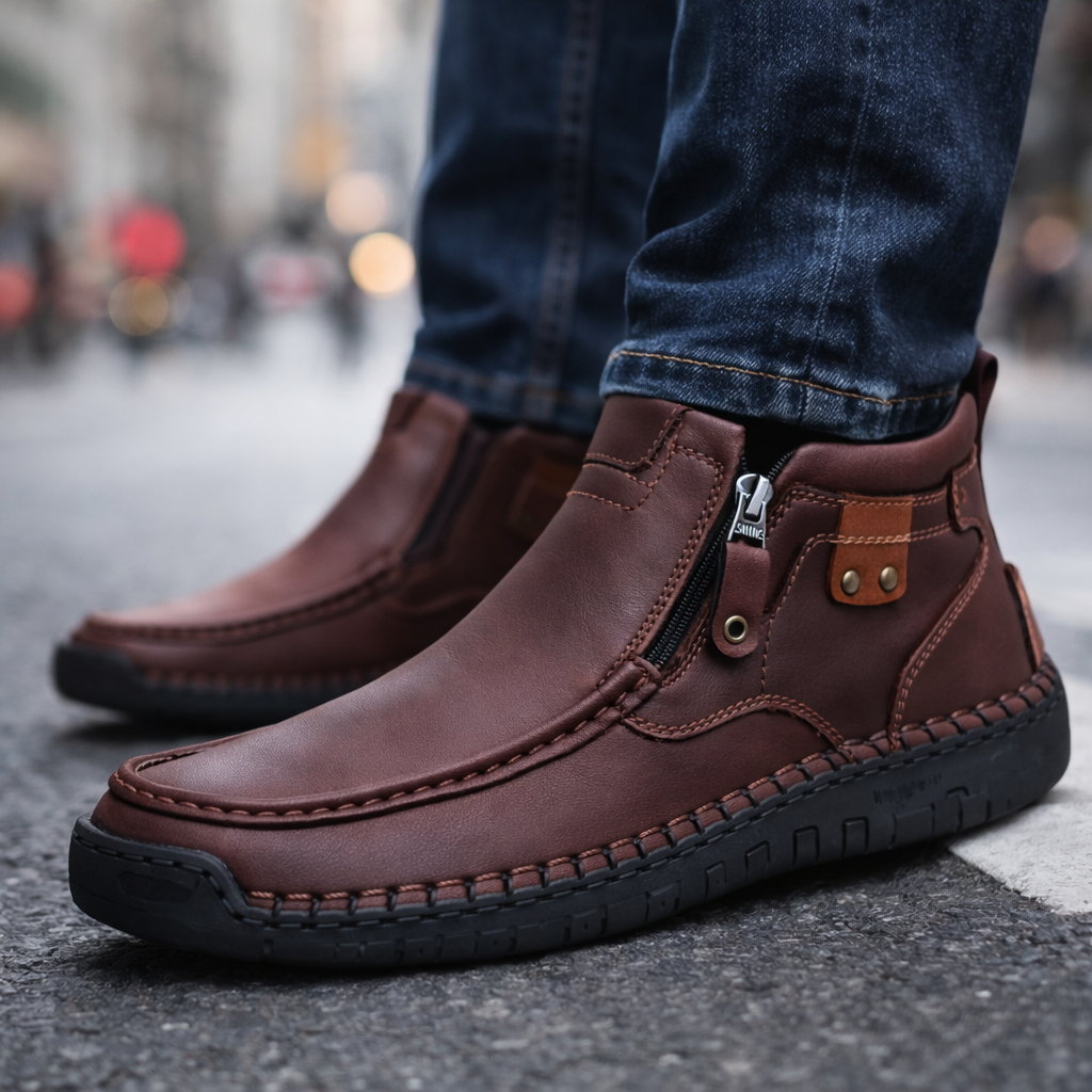 Men's Ankle Boots with Side Zip - Contrast Stitch Detail - Chunky Rubber Sole - Casual Style