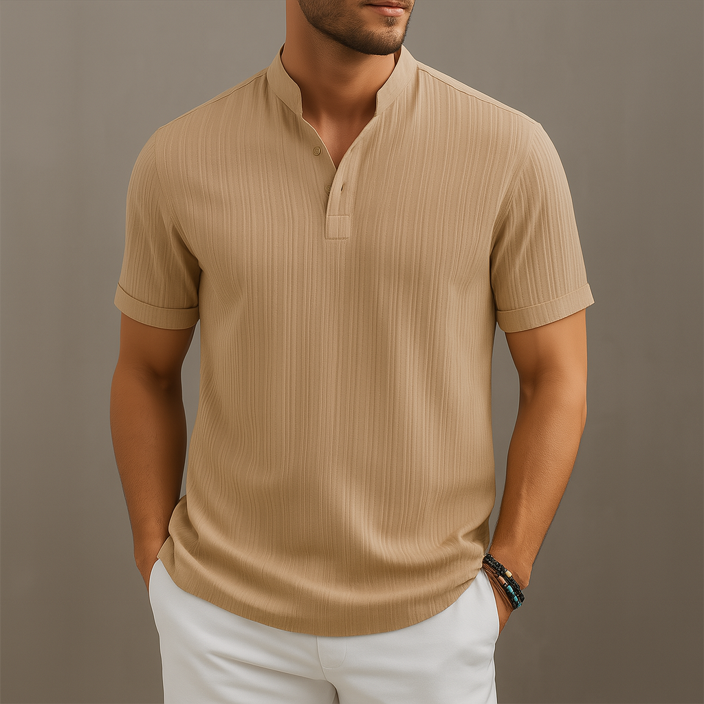 Men’s Mandarin Collar Short Sleeve Ribbed Shirt – Button Placket Detail
