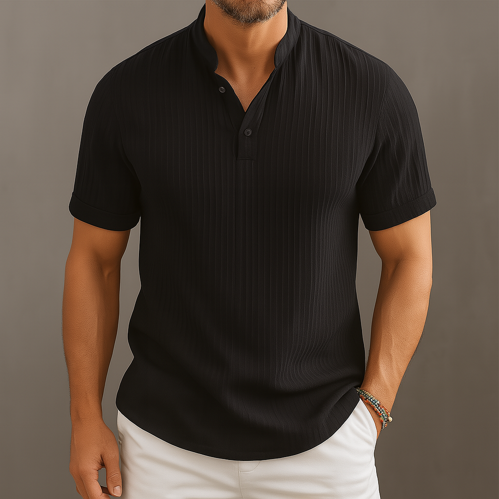Men’s Mandarin Collar Short Sleeve Ribbed Shirt – Button Placket Detail