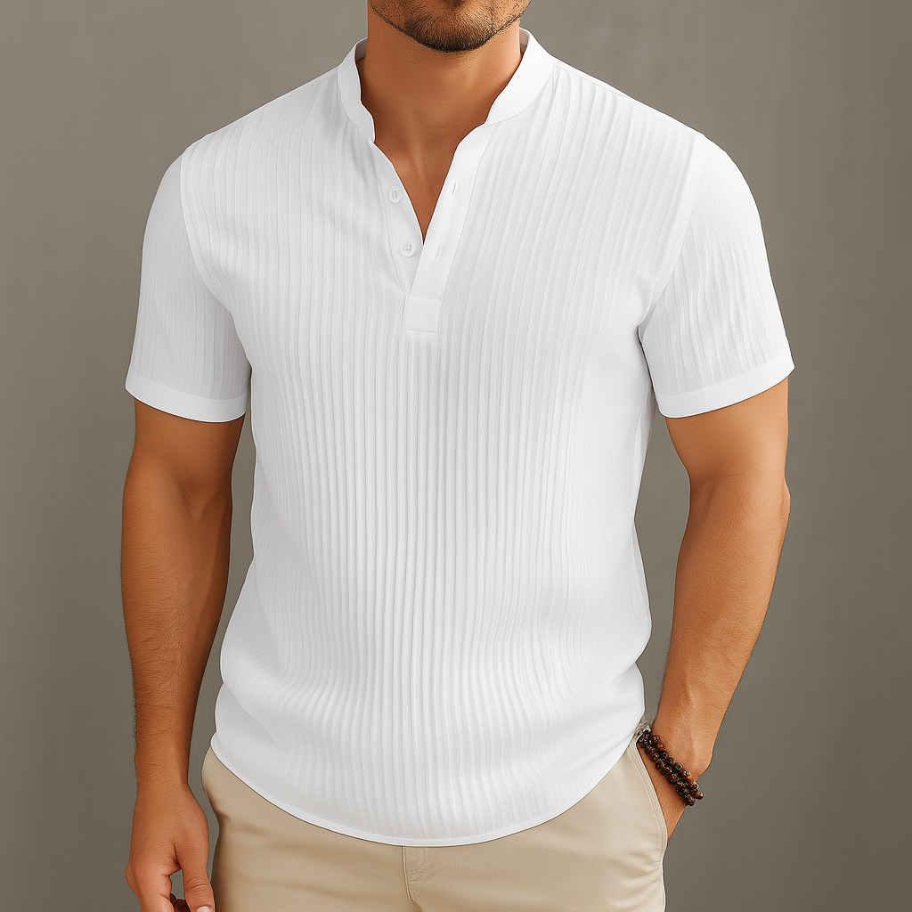 Men’s Mandarin Collar Short Sleeve Ribbed Shirt – Button Placket Detail