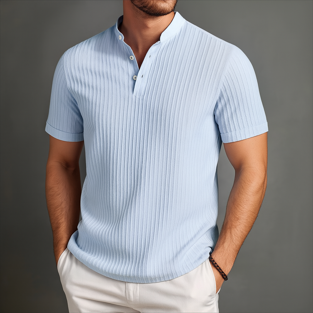 Men’s Mandarin Collar Short Sleeve Ribbed Shirt – Button Placket Detail