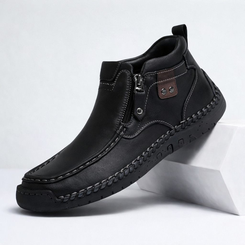 Men's Ankle Boots with Side Zip - Contrast Stitch Detail - Chunky Rubber Sole - Casual Style