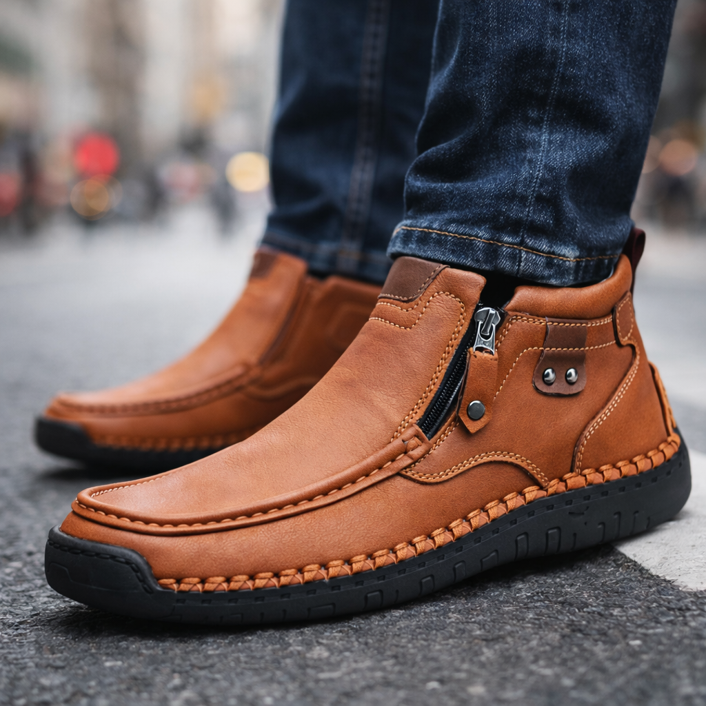 Men's Ankle Boots with Side Zip - Contrast Stitch Detail - Chunky Rubber Sole - Casual Style