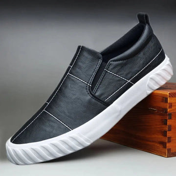 Men's Leather Slip On Loafers - Contrast Stitching - Pull Tab