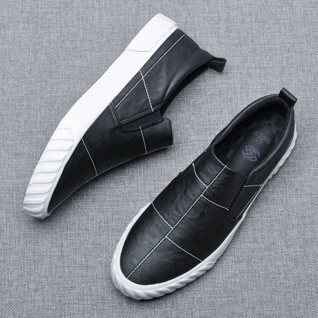 Men's Leather Slip On Loafers - Contrast Stitching - Pull Tab