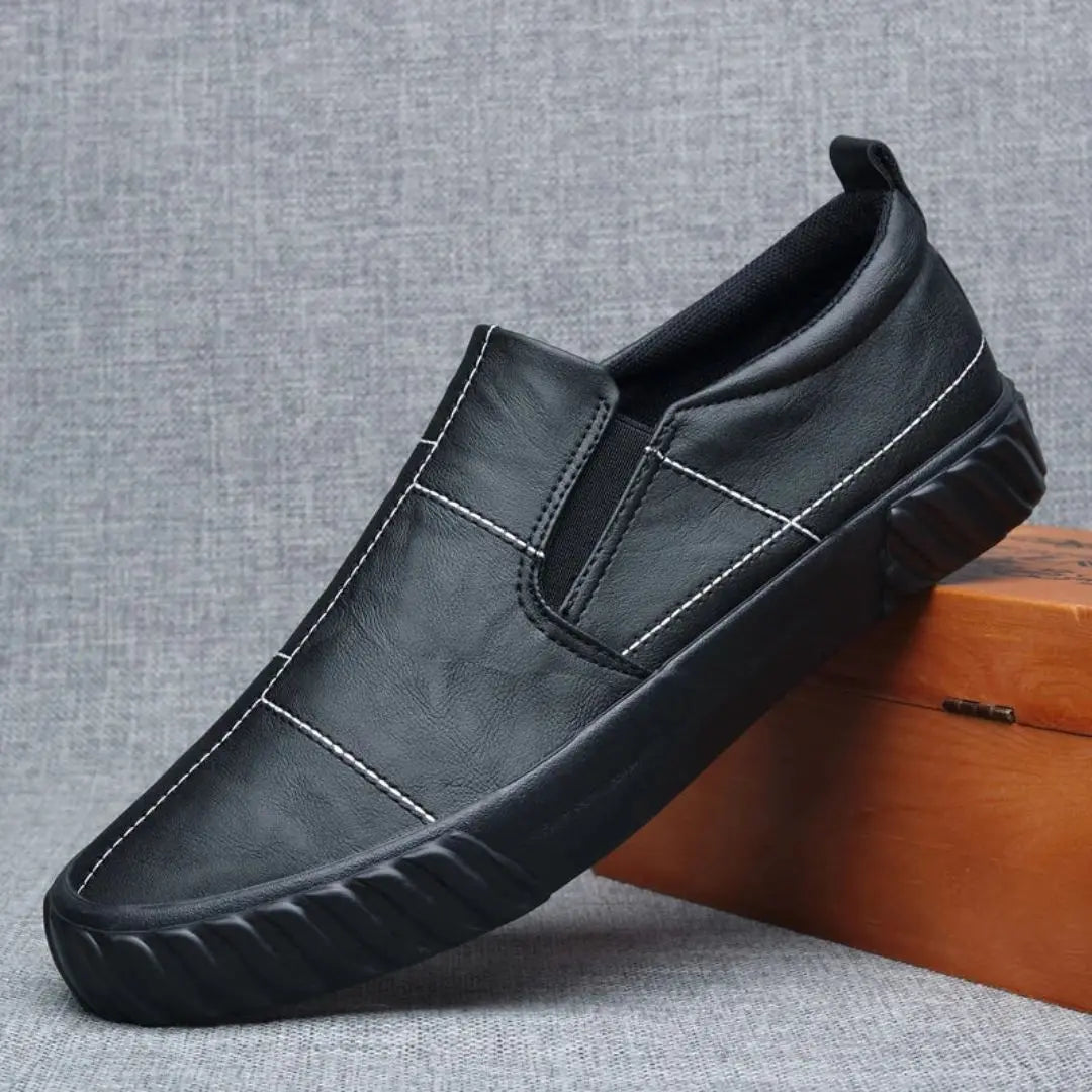 Men's Leather Slip On Loafers - Contrast Stitching - Pull Tab