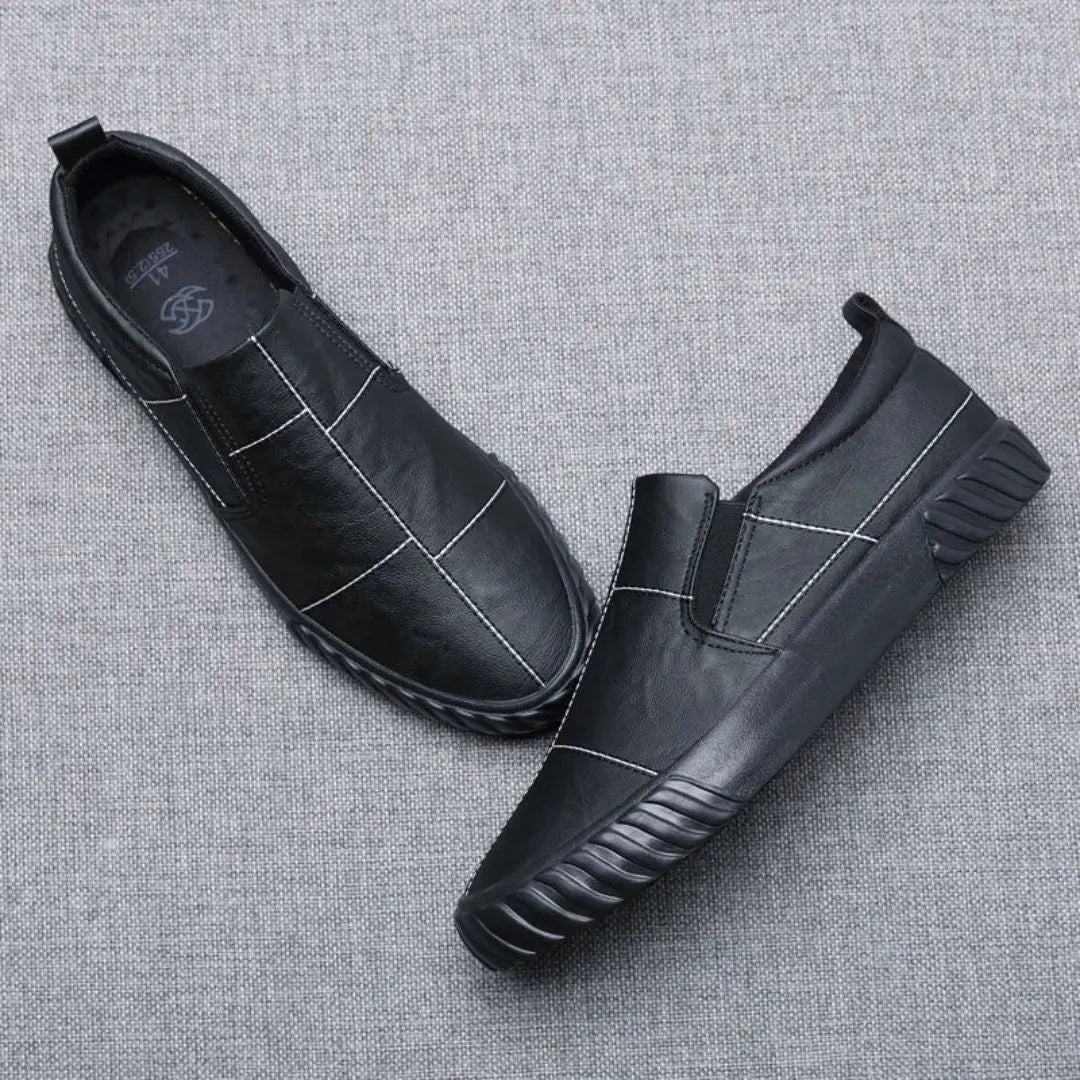 Men's Leather Slip On Loafers - Contrast Stitching - Pull Tab