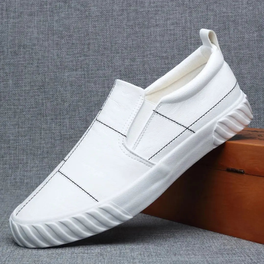 Men's Leather Slip On Loafers - Contrast Stitching - Pull Tab