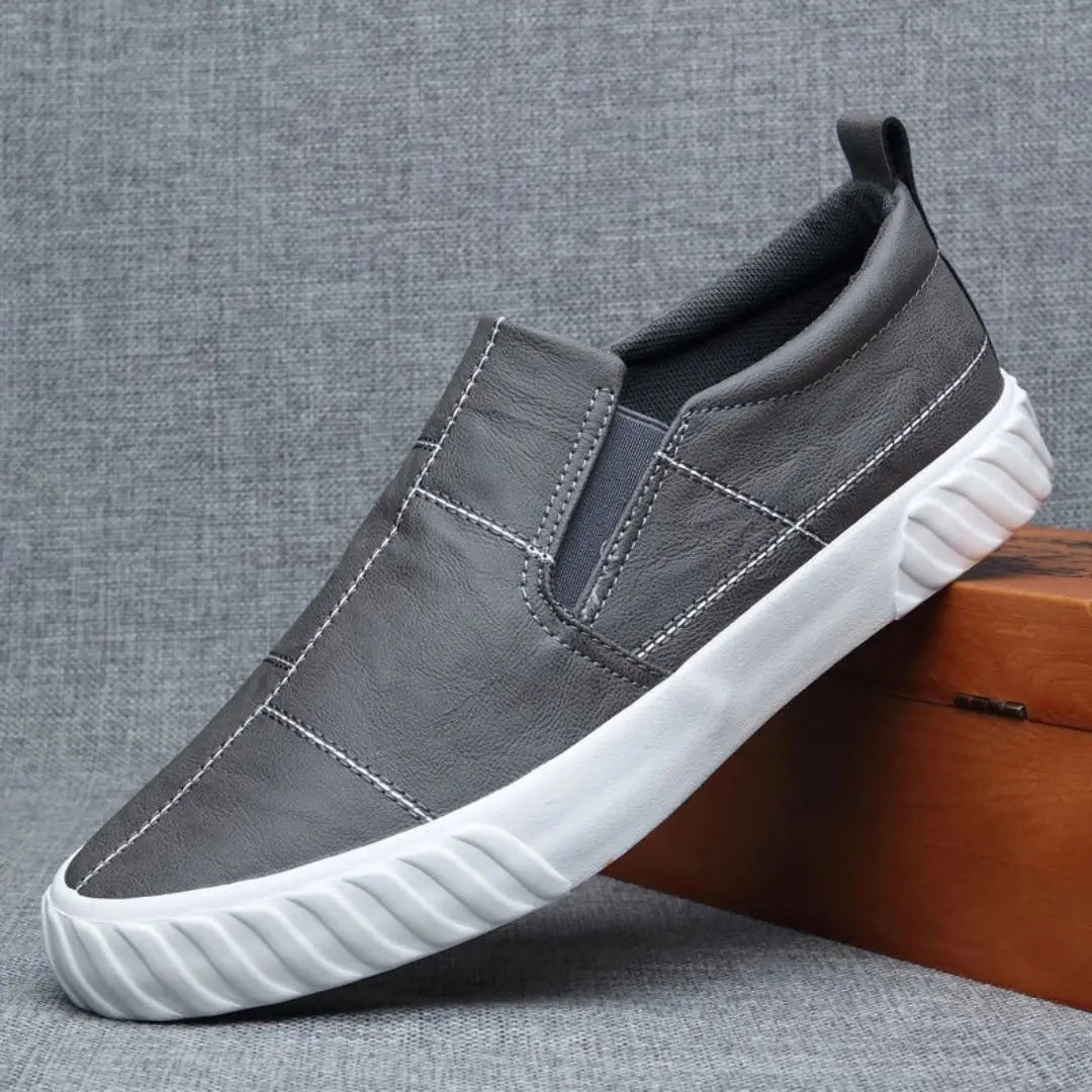 Men's Leather Slip On Loafers - Contrast Stitching - Pull Tab
