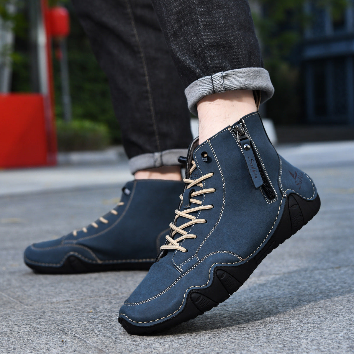 Men's Combat Boots - High Top Lace-Up with Side Zip