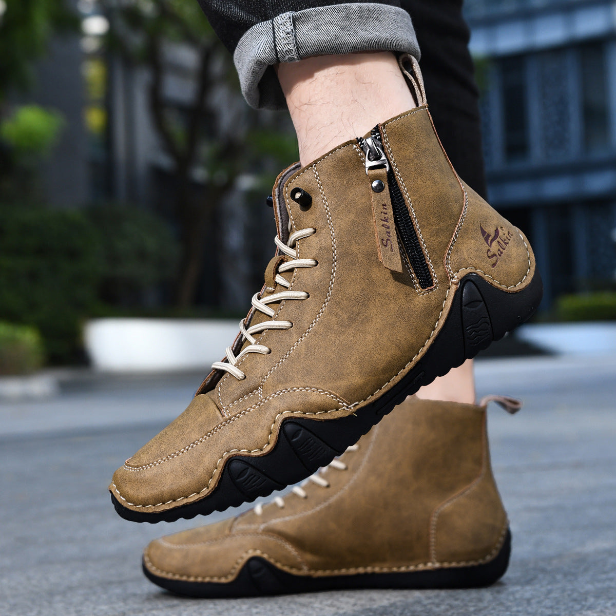 Men's Combat Boots - High Top Lace-Up with Side Zip