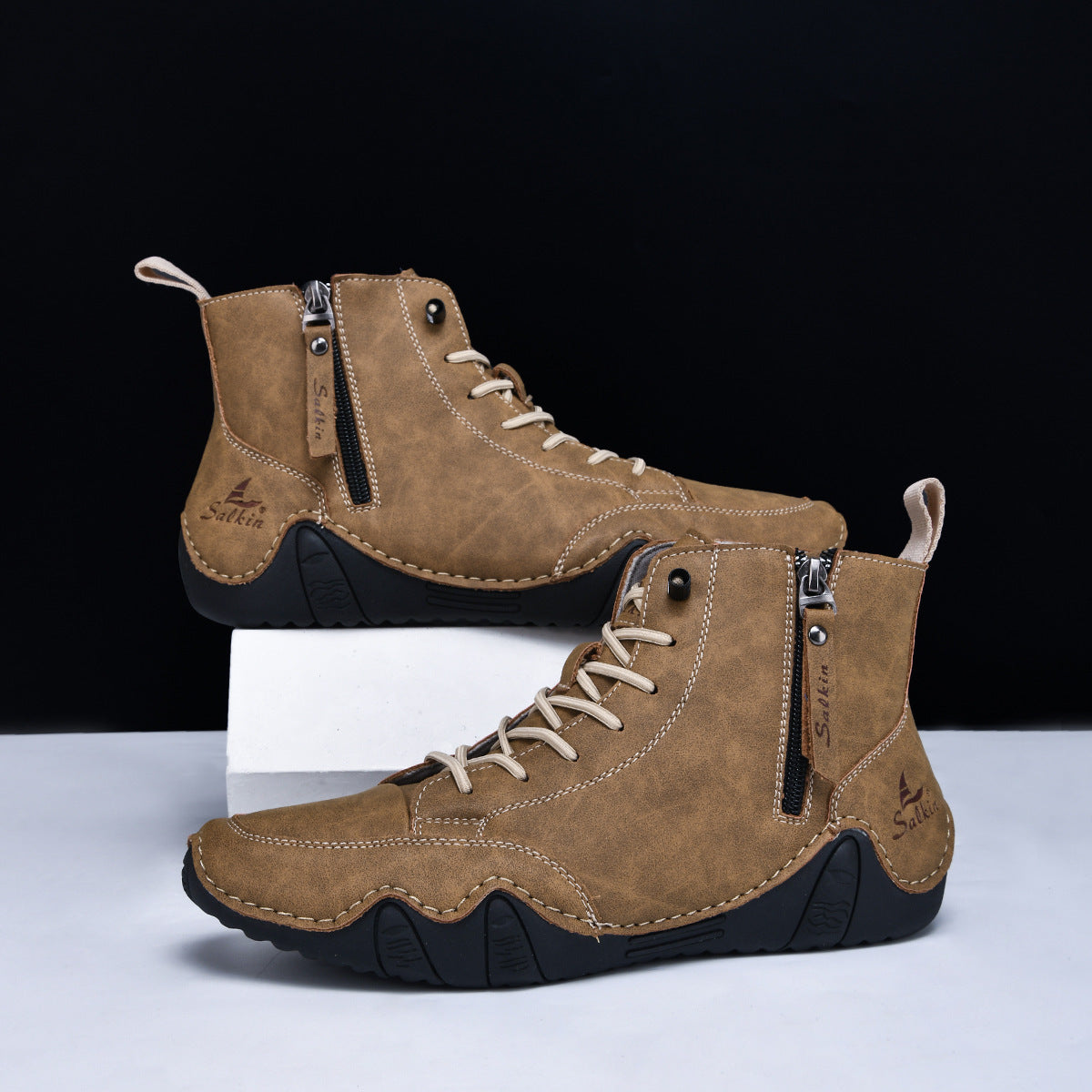 Men's Combat Boots - High Top Lace-Up with Side Zip