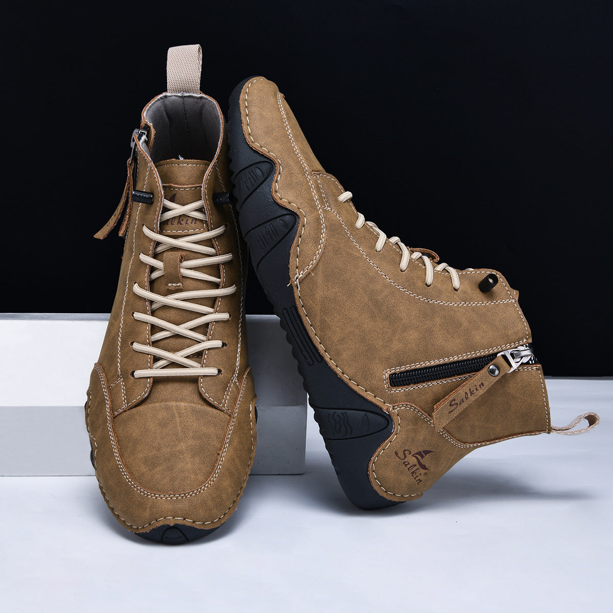 Men's Combat Boots - High Top Lace-Up with Side Zip
