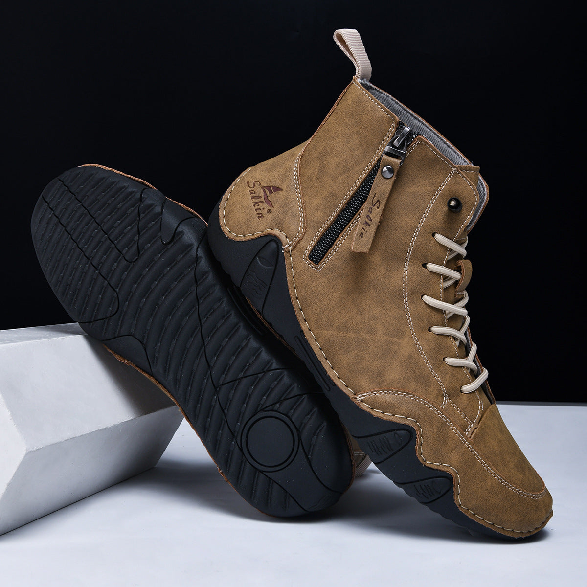 Men's Combat Boots - High Top Lace-Up with Side Zip