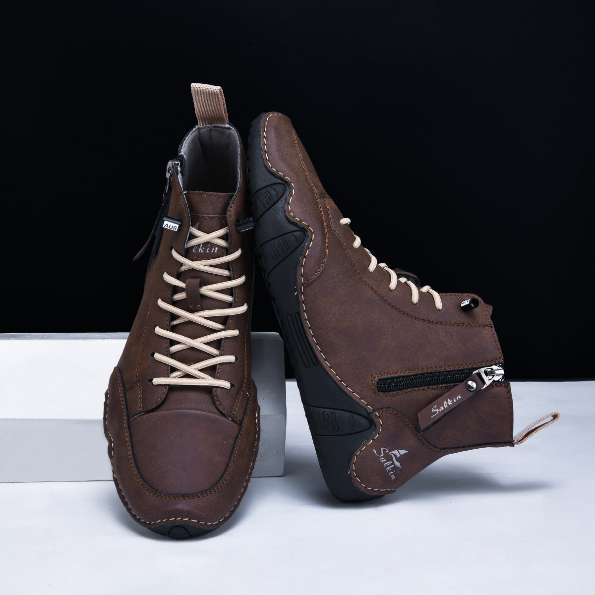 Men's Combat Boots - High Top Lace-Up with Side Zip