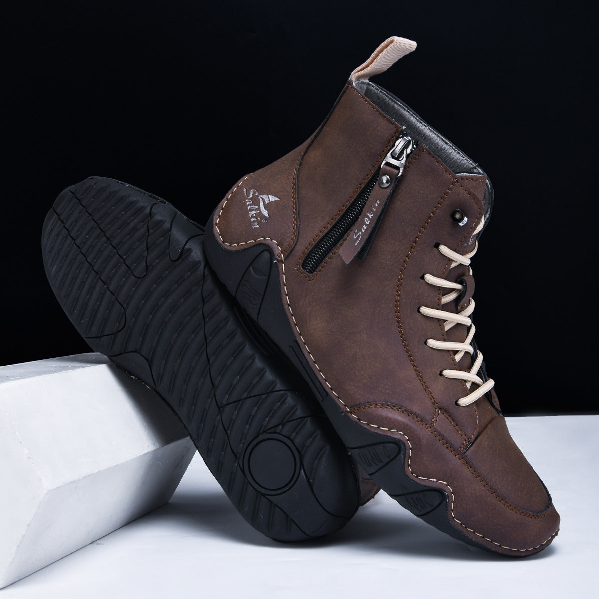 Men's Combat Boots - High Top Lace-Up with Side Zip