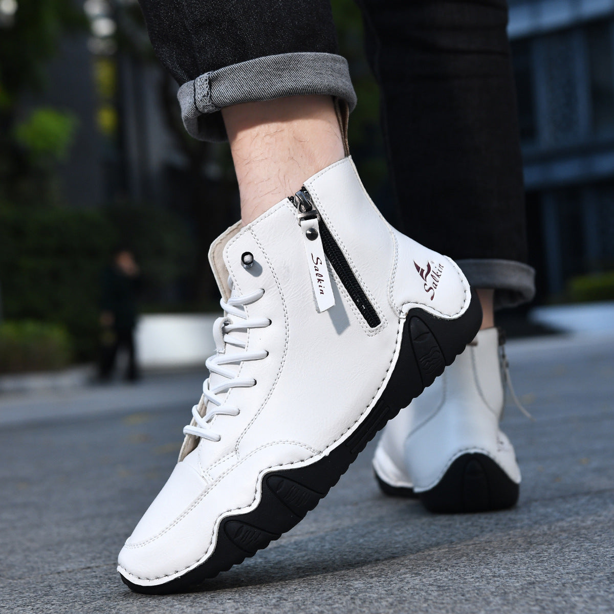 Men's Combat Boots - High Top Lace-Up with Side Zip