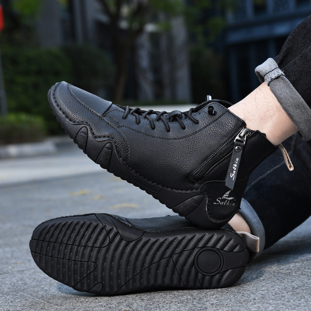 Men's Combat Boots - High Top Lace-Up with Side Zip