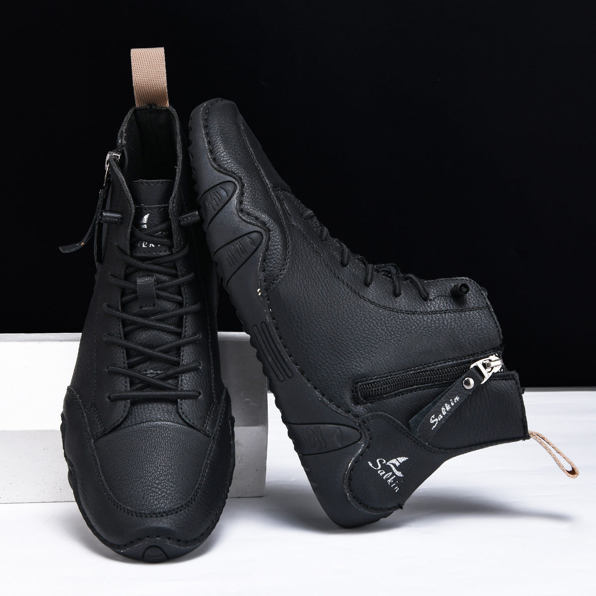 Men's Combat Boots - High Top Lace-Up with Side Zip