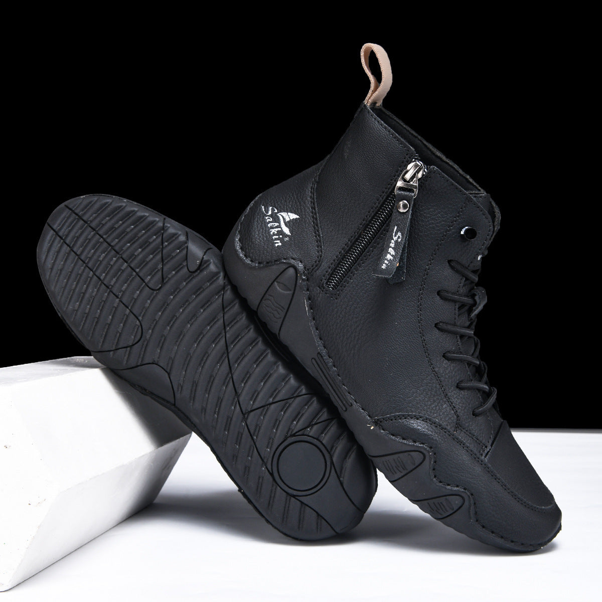 Men's Combat Boots - High Top Lace-Up with Side Zip