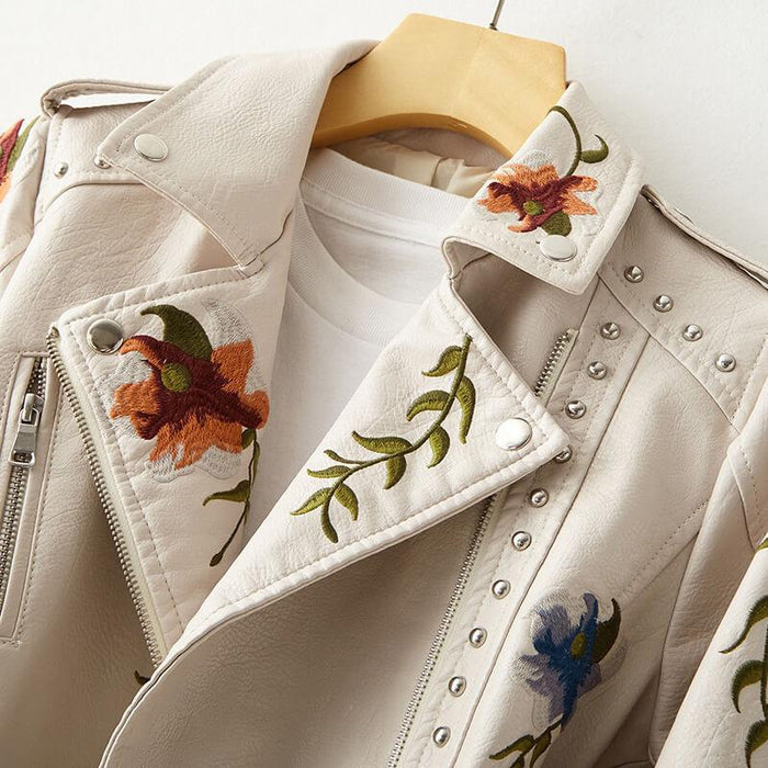 Women's Faux Leather Biker Jacket - Floral Embroidered with Stud Trim and Zip Front