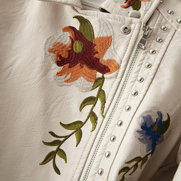 Women's Faux Leather Biker Jacket - Floral Embroidered with Stud Trim and Zip Front