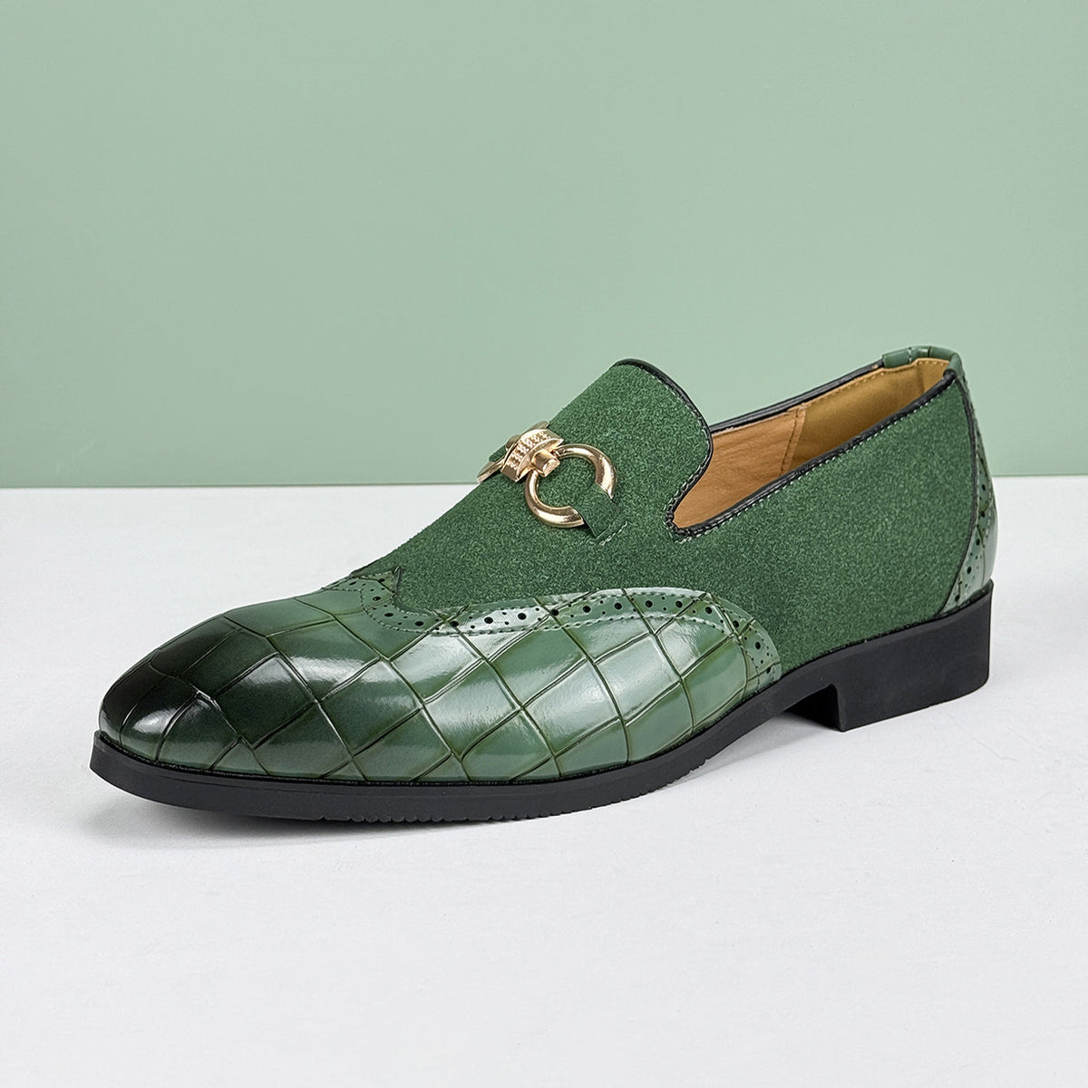 Men's Loafers - Slip On Dress Shoes with Brogue Detail - Metal Horsebit Buckle