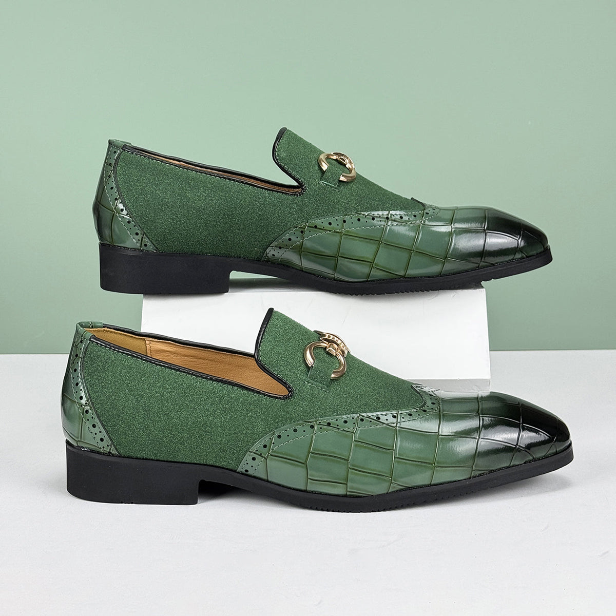 Men's Loafers - Slip On Dress Shoes with Brogue Detail - Metal Horsebit Buckle