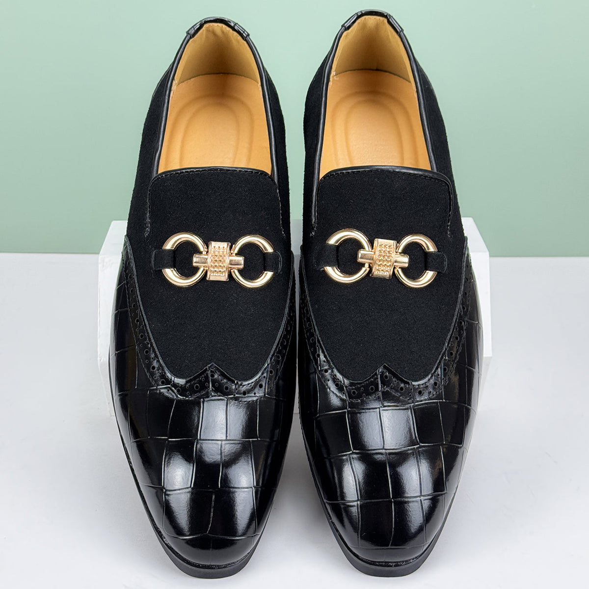 Men's Loafers - Slip On Dress Shoes with Brogue Detail - Metal Horsebit Buckle