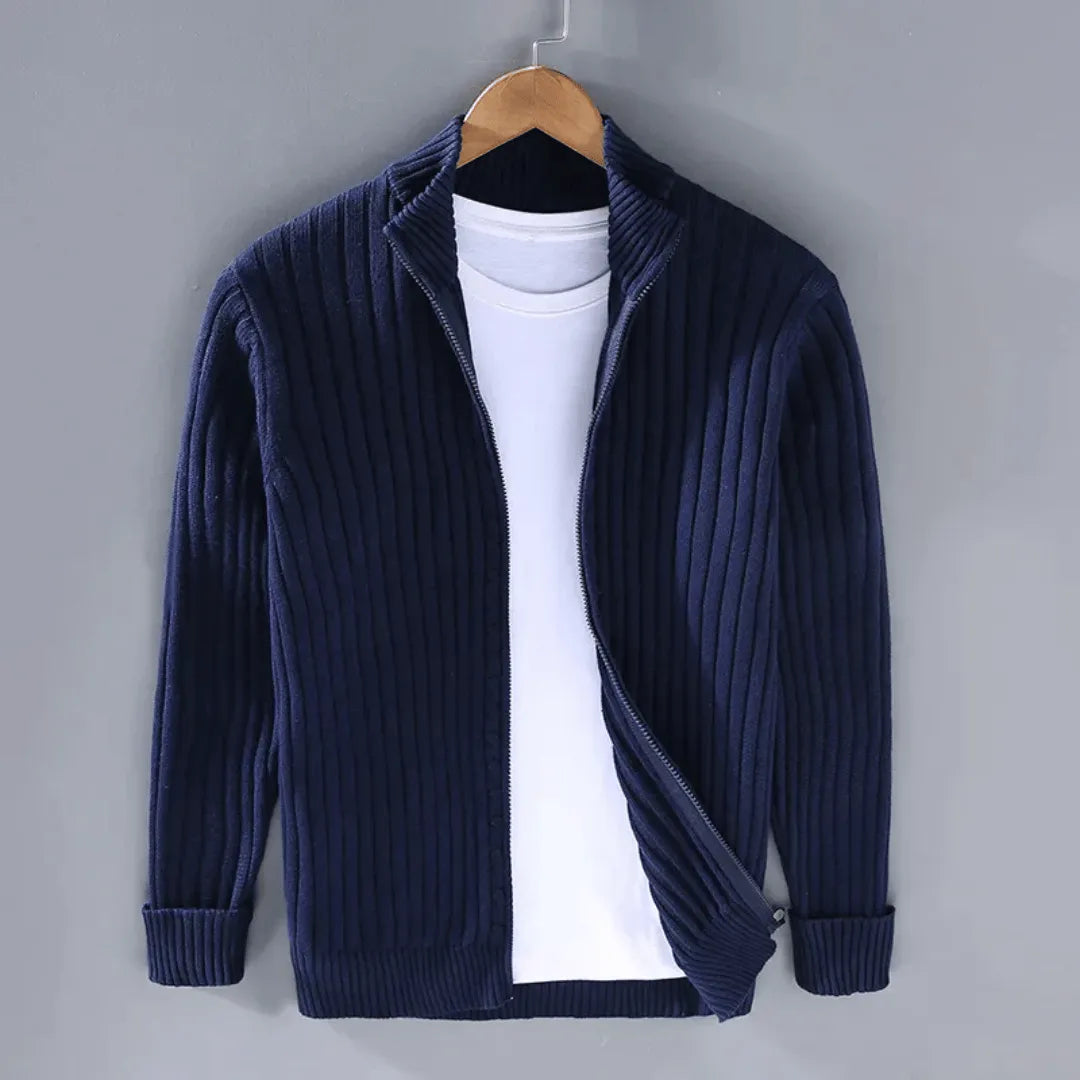 Men's Quarter Zip Knit Jumper - Mock Neck Full Zip with Ribbed Stripe Texture and Long Sleeves