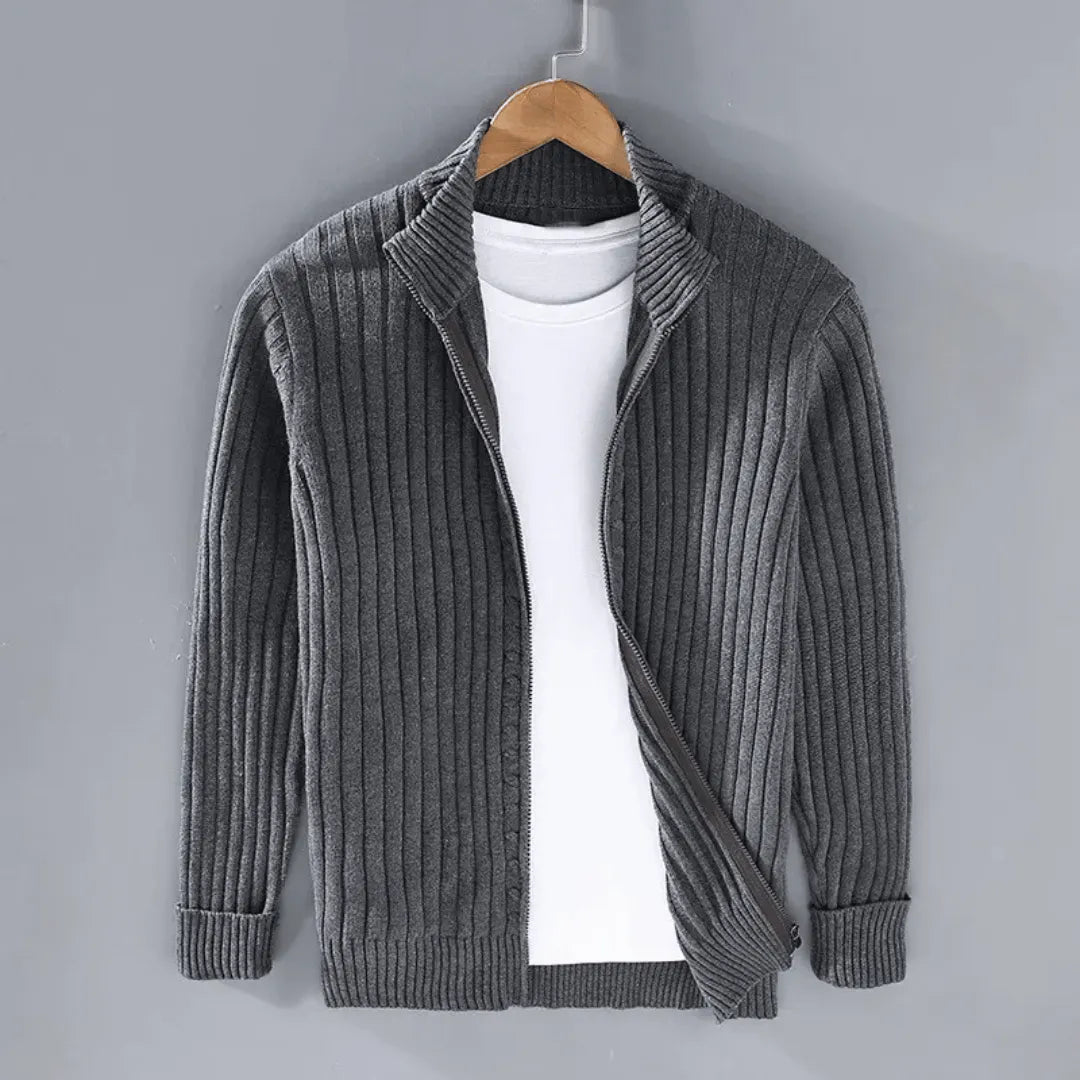 Men's Quarter Zip Knit Jumper - Mock Neck Full Zip with Ribbed Stripe Texture and Long Sleeves