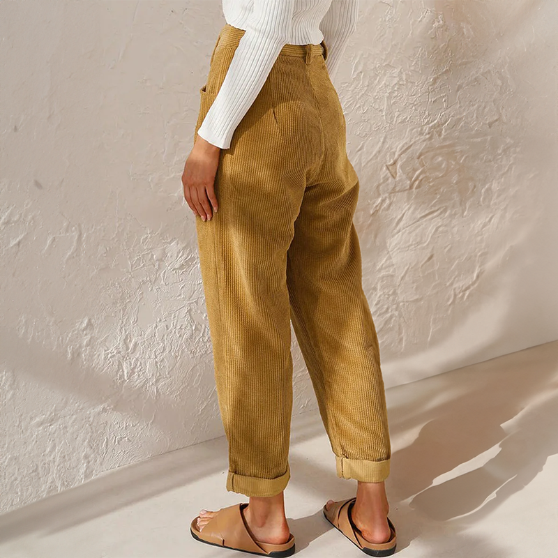 Women's High Waist Tapered Pants - Pleated Front - Turn-Up Cuff - Side Pockets - Button Waist
