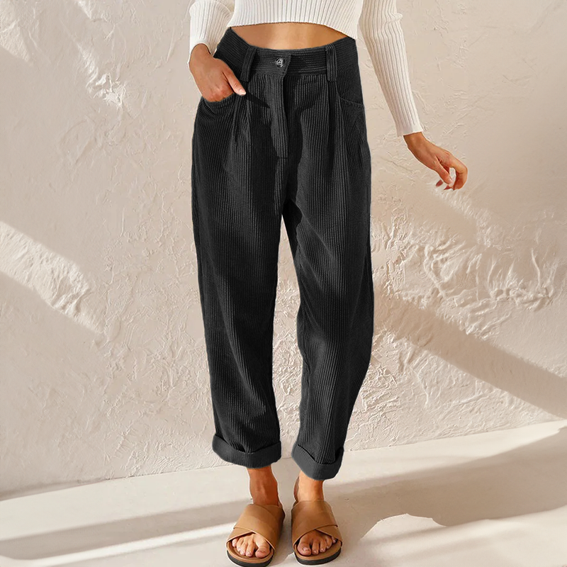 Women's High Waist Tapered Pants - Pleated Front - Turn-Up Cuff - Side Pockets - Button Waist