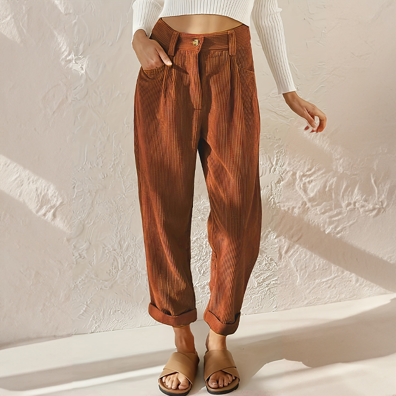 Women's High Waist Tapered Pants - Pleated Front - Turn-Up Cuff - Side Pockets - Button Waist