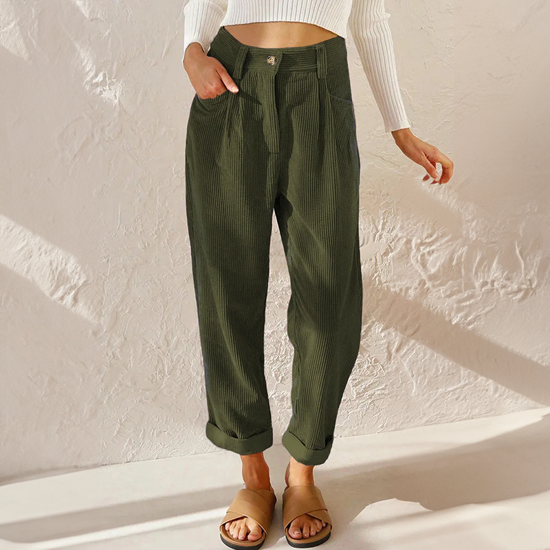 Women's High Waist Tapered Pants - Pleated Front - Turn-Up Cuff - Side Pockets - Button Waist