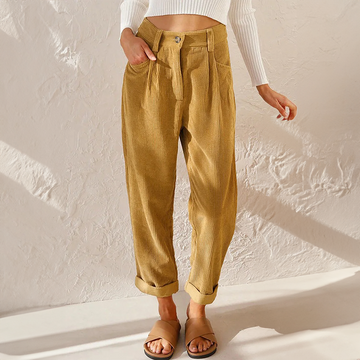 Women's High Waist Tapered Pants - Pleated Front - Turn-Up Cuff - Side Pockets - Button Waist