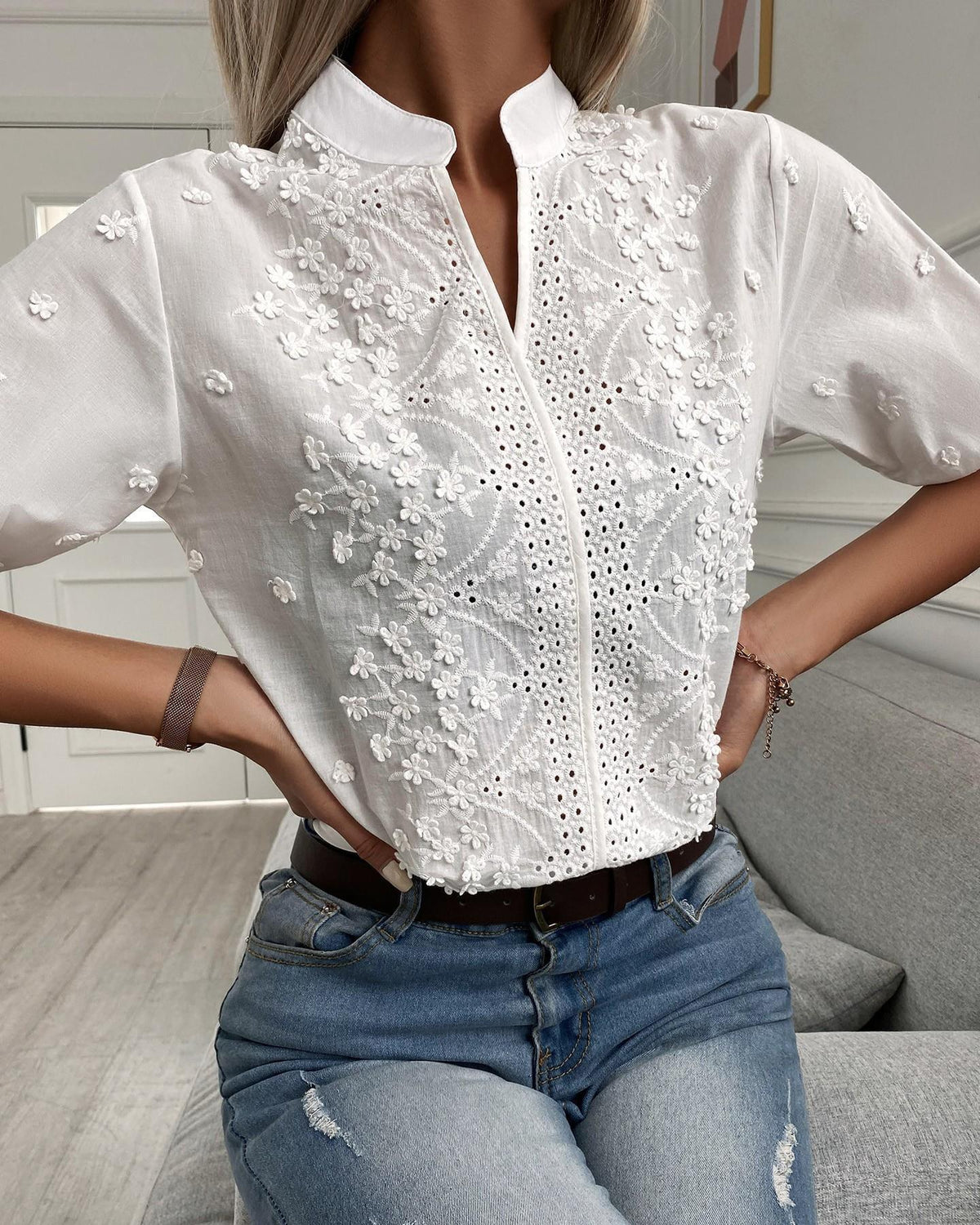 Women’s White Short Sleeve Embroidered Blouse with Stand Collar and Button Front