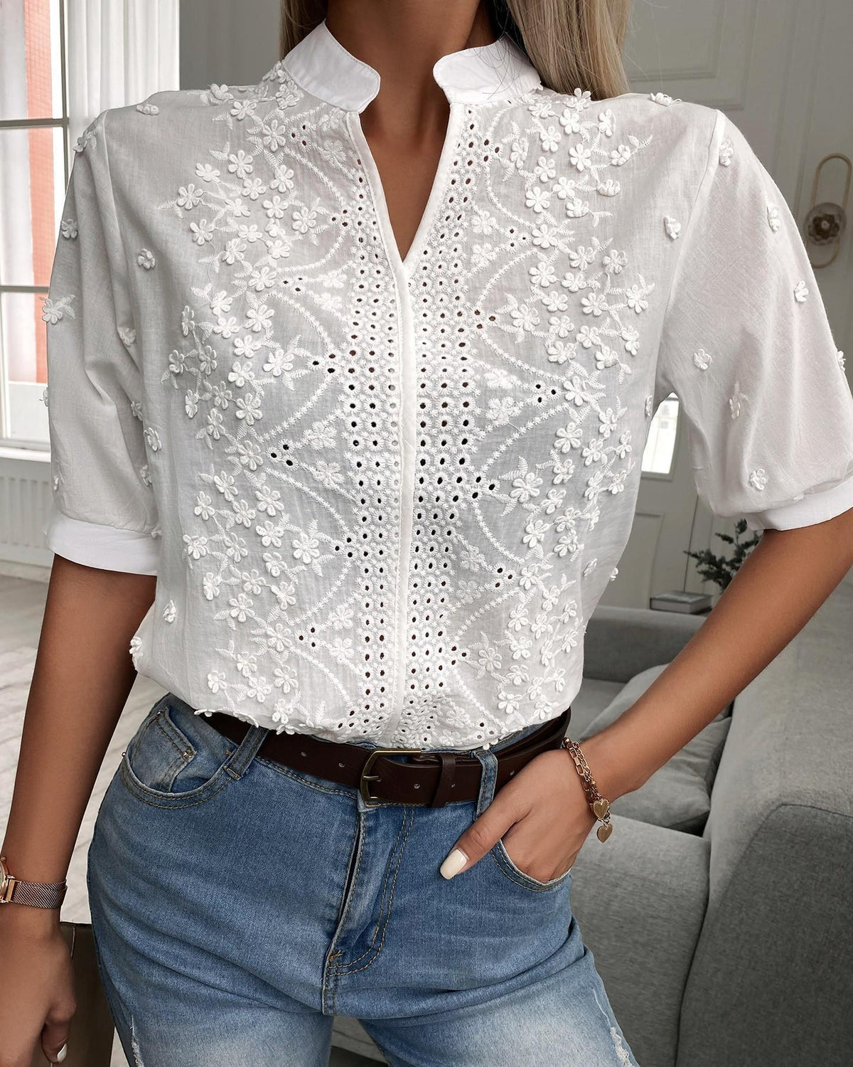 Women’s White Short Sleeve Embroidered Blouse with Stand Collar and Button Front