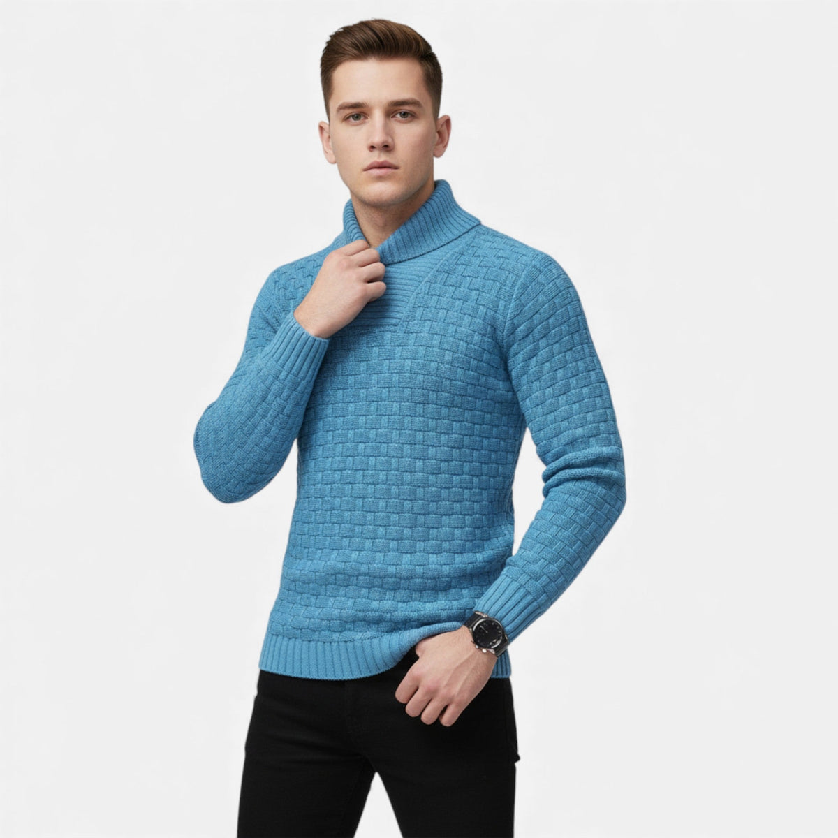 Men's Shawl Collar Jumper - Button Neck - Textured Weave Body