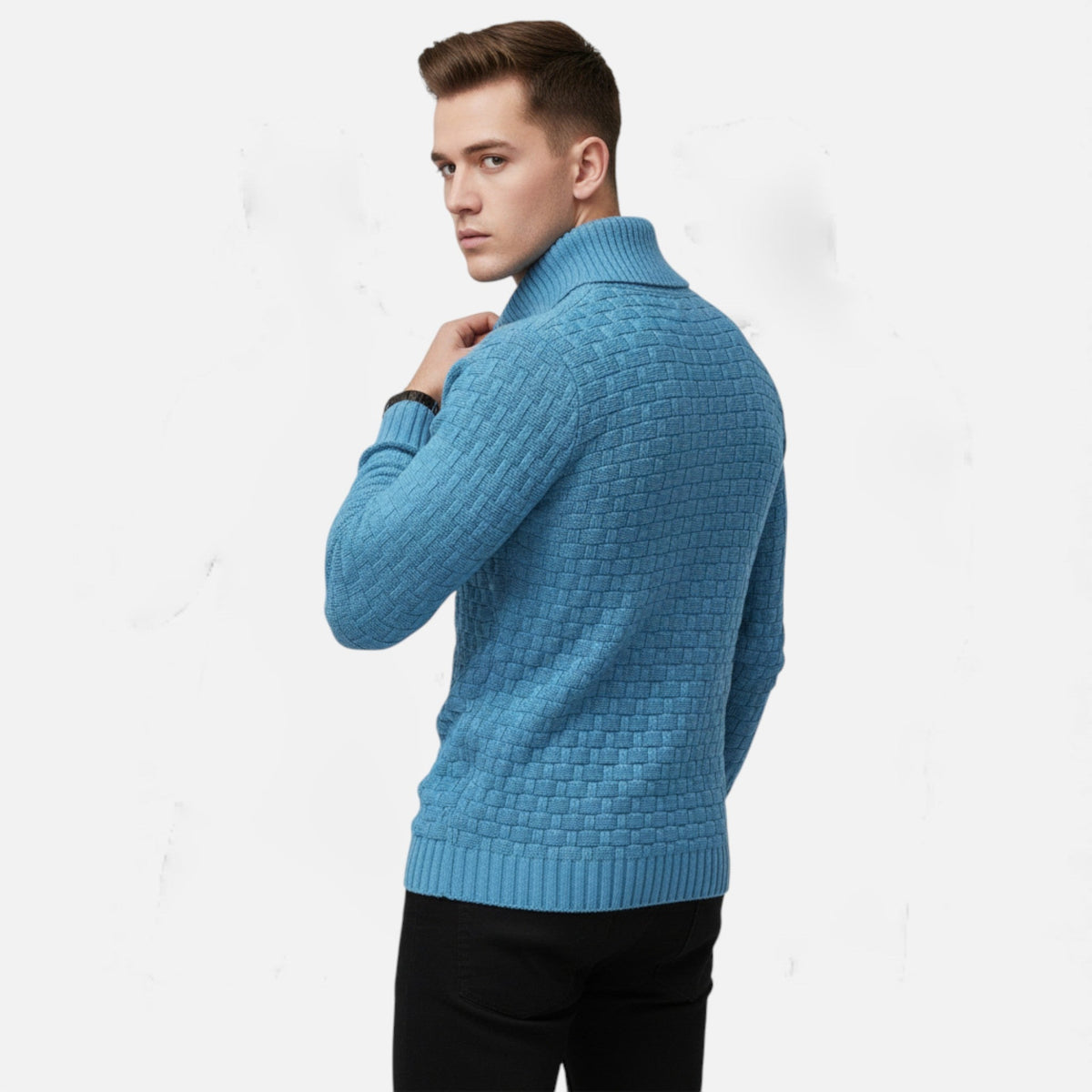 Men's Shawl Collar Jumper - Button Neck - Textured Weave Body