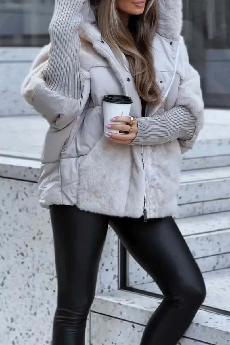 Women's Faux Fur Puffer Jacket - Oversized Hooded Zip-Up with Quilted Panel