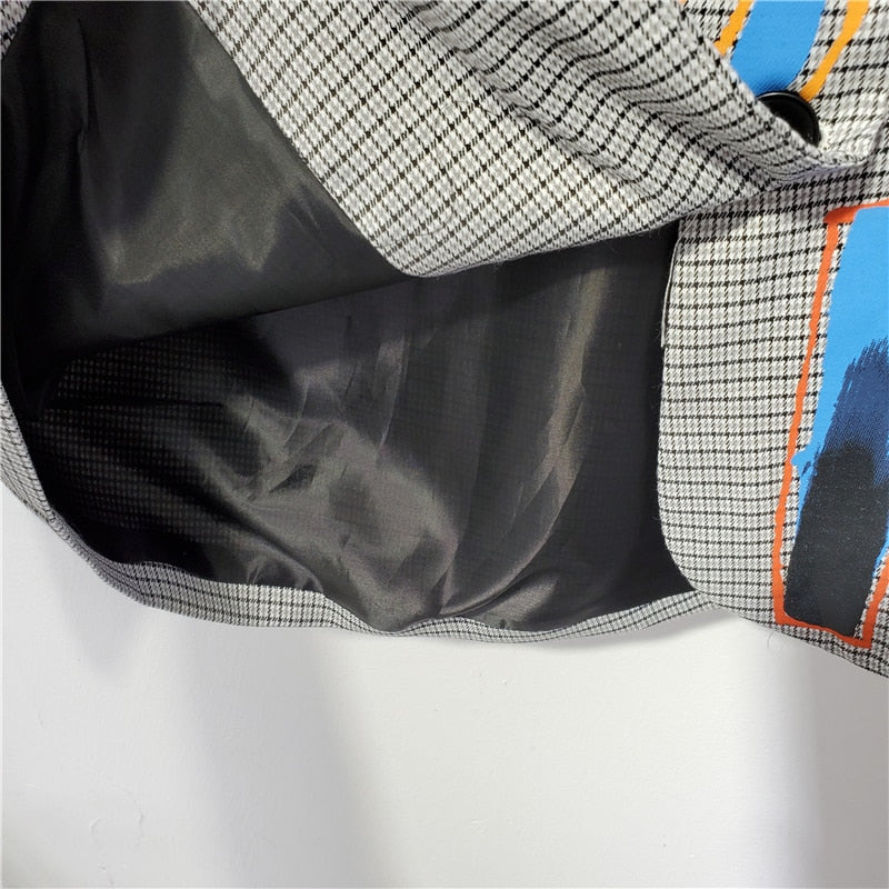 Women's Blazer - Longline Houndstooth Graffiti Print Notch Lapel Lined Jacket