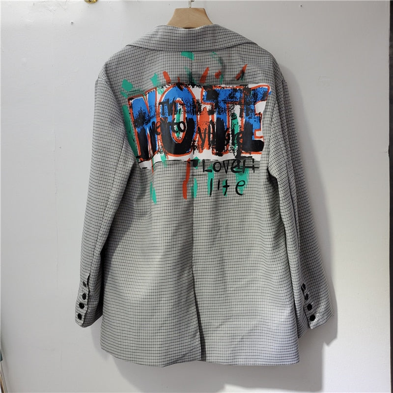 Women's Blazer - Longline Houndstooth Graffiti Print Notch Lapel Lined Jacket