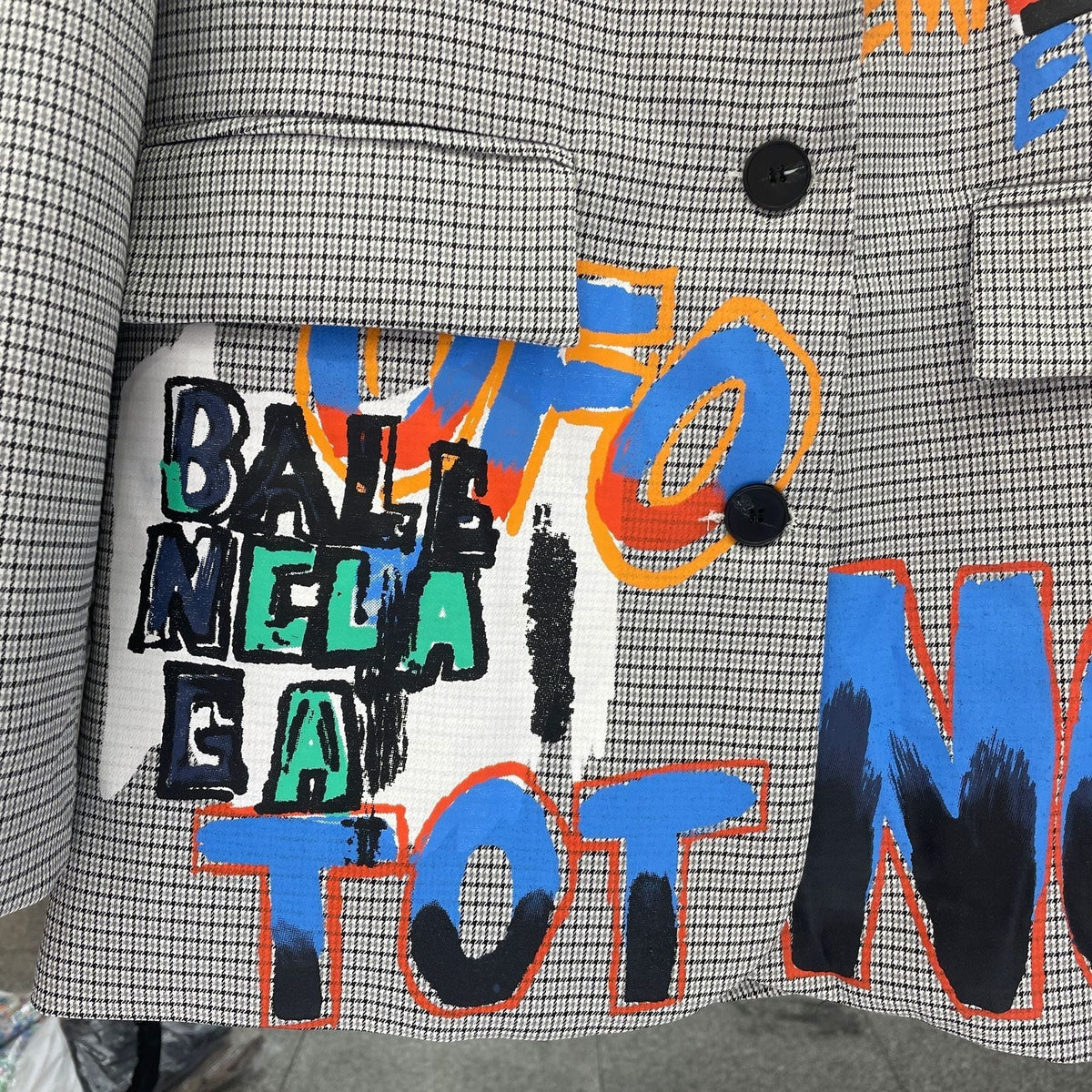 Women's Blazer - Longline Houndstooth Graffiti Print Notch Lapel Lined Jacket