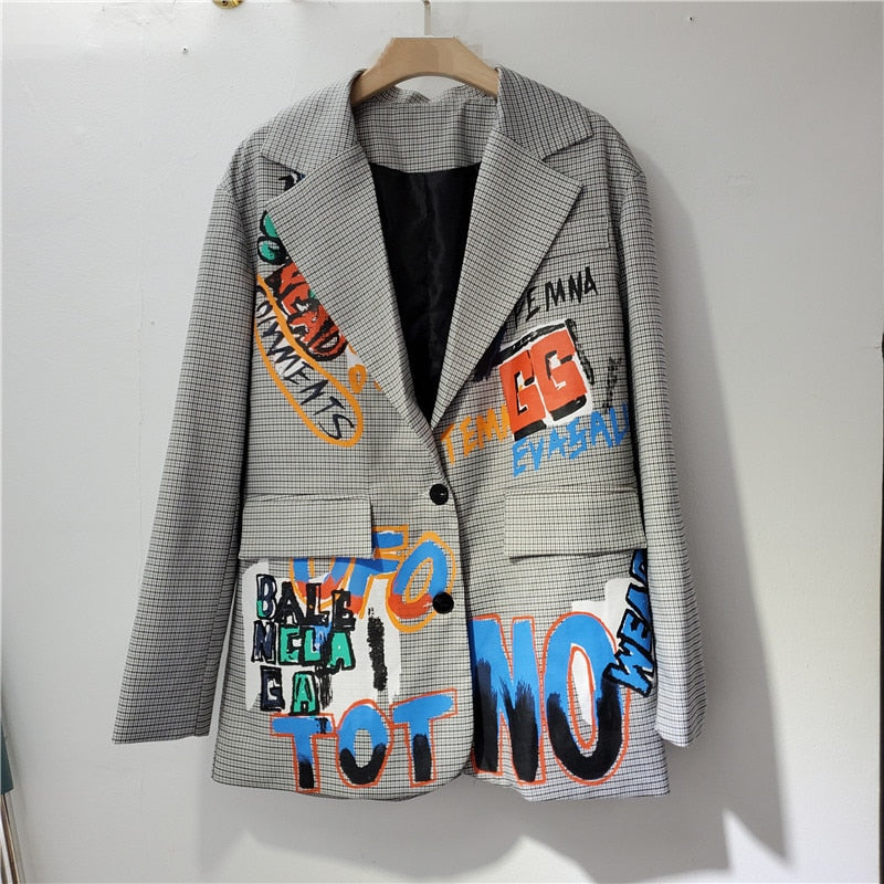 Women's Blazer - Longline Houndstooth Graffiti Print Notch Lapel Lined Jacket