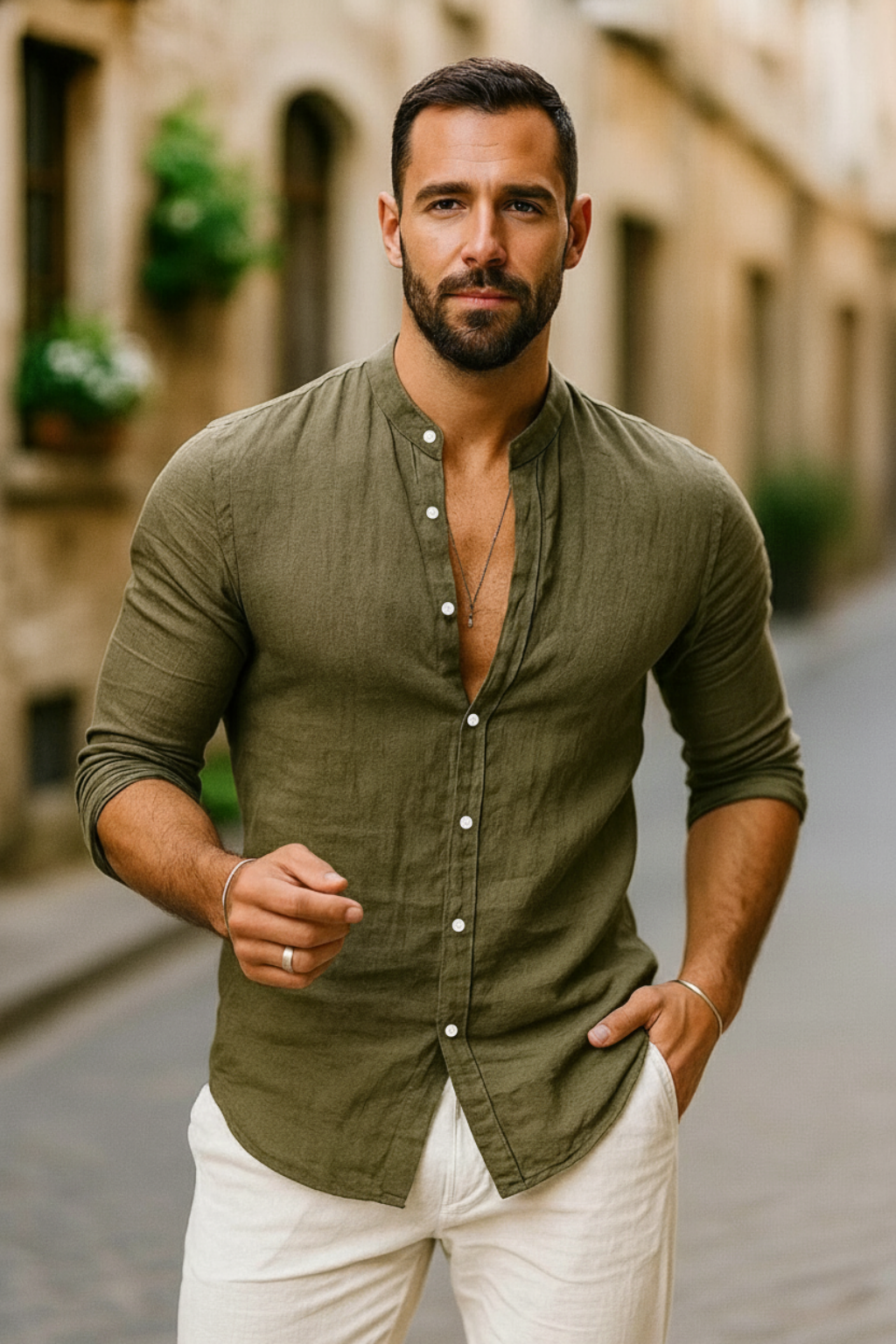 Men's Linen Shirt - Band Collar Long Sleeve Button-Up