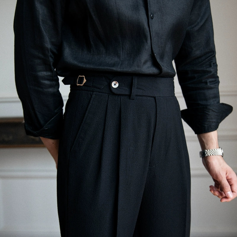 Men's Dress Pants - Pleated High Waist Side Buckle Tab Tapered